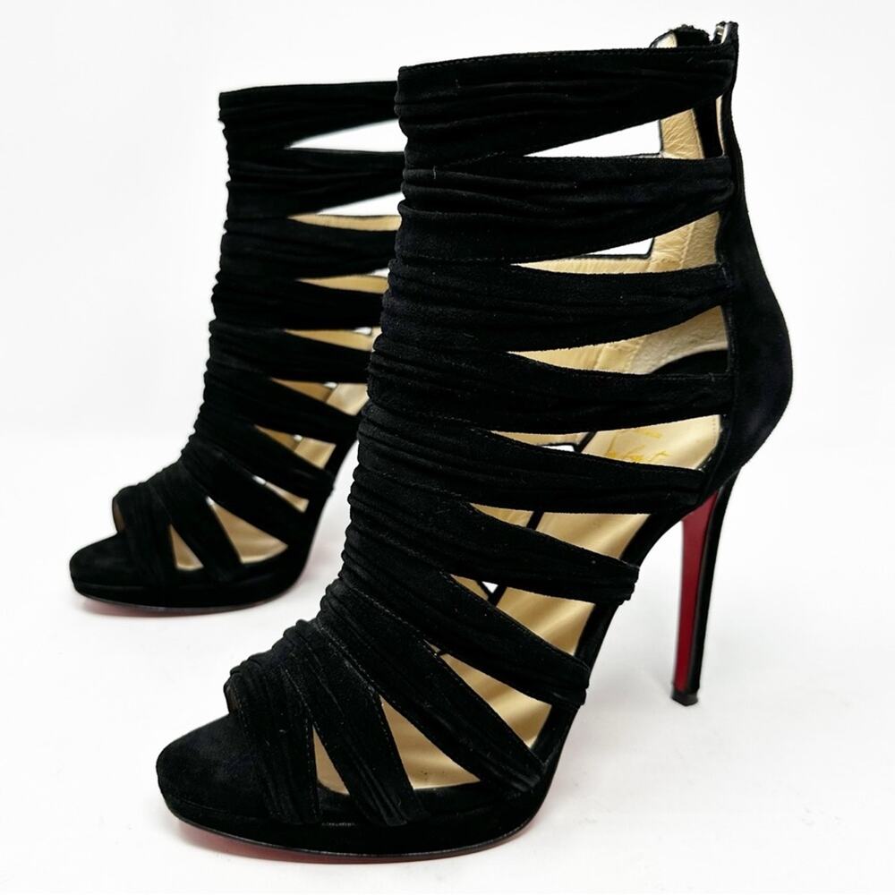 Christian Louboutin Black Strappy Suede High Heel Booties